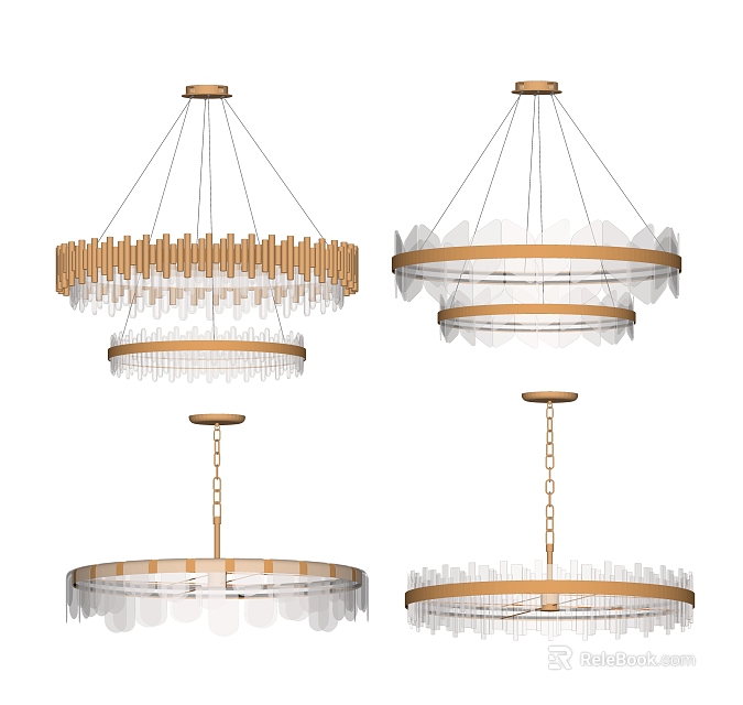 Modern Round Crystal Chandeliers with Gold Metal Frame and Transparent Crystals 3d model 