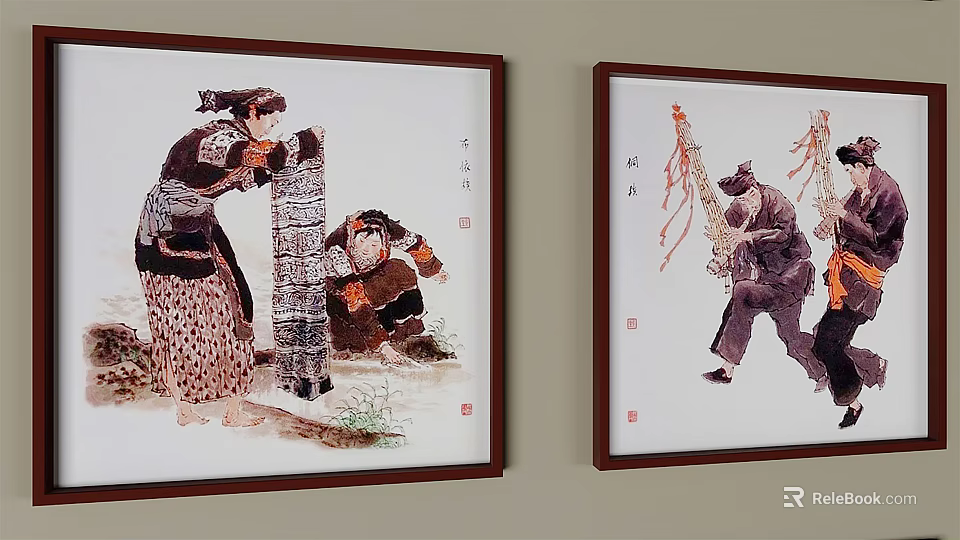 Traditional Chinese Figure Paintings With Framed Folk Characters In Traditional Attire On Wall 3d model 
