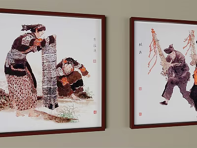 Traditional Chinese Figure Paintings With Framed Folk Characters In Traditional Attire On Wall 3d model