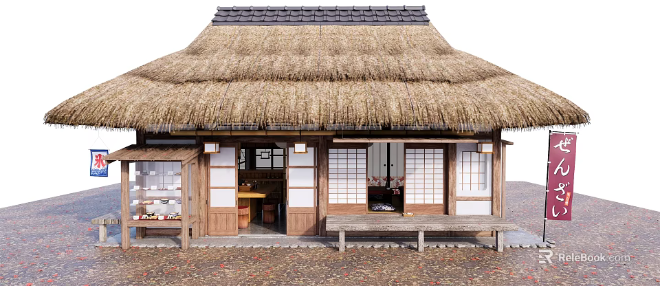 Traditional Wooden House with Thatched Roof and Shoji Doors Featuring Wooden Bench at Entrance 3d model 