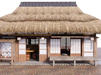 Traditional Wooden House with Thatched Roof and Shoji Doors Featuring Wooden Bench at Entrance 3d model
