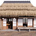 Traditional Wooden House with Thatched Roof and Shoji Doors Featuring Wooden Bench at Entrance