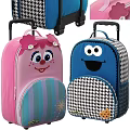 Blue Trolley Backpack Featuring Cartoon Smiley Face And Houndstooth Pattern Design 3d model