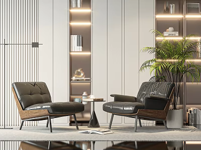 Modern Leisure Sofa Set With Black Leather Wooden Armrests Green Plant And Small Table 3d model