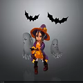 Halloween Themed Scene With Witch Character Bat Decorations And Ghost Figures