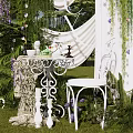 Outdoor Photo Check in Spot With White Arch Green Vines Purple Flowers And Lawn Trees