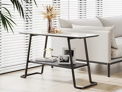 Modern Side Table With Black Metal Frame Glass Top And Wooden Shelf Near White Sofa 3d model