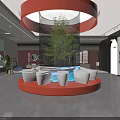 Modern Interior Space With Circular Red Platform White Seats Central Pool And Green Bamboo Plant