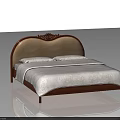 Elegant Double Bed Featuring Carved Beige Headboard Brown Frame And White Patterned Bedspread 3d model