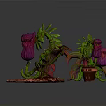 Vibrant Plants With Purple Blooms Green And Red Striped Leaves Brown Pot And Red Fragments