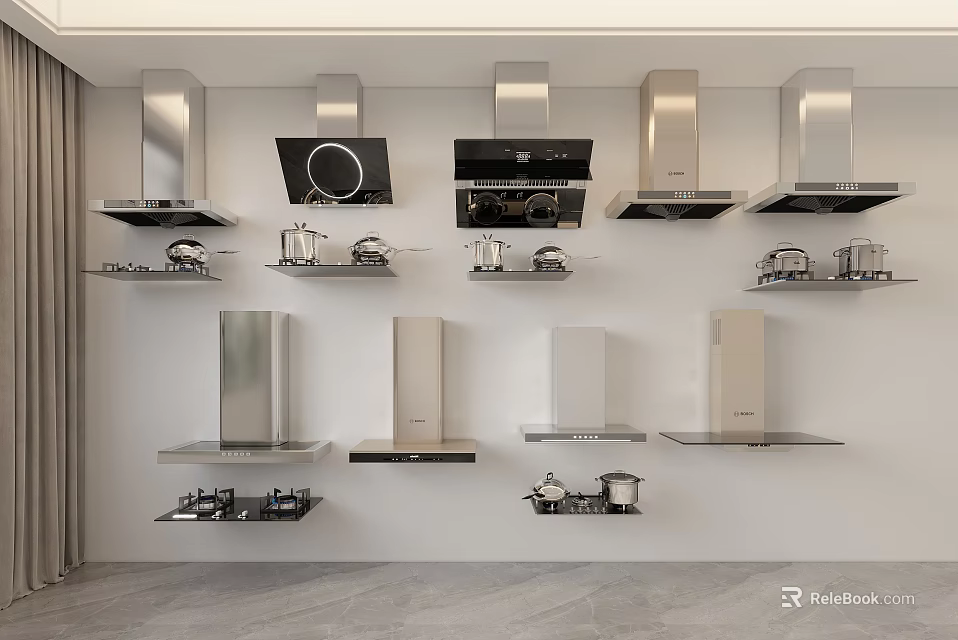 Modern Kitchen Appliances Showcase With Various Range Hoods And Stovetop Styles 3d model 