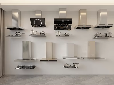 Modern Kitchen Appliances Showcase With Various Range Hoods And Stovetop Styles 3d model