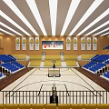 Bright Basketball Gymnasium With Blue Red Yellow Spectator Seats Wooden Floor And Ceiling Lighting