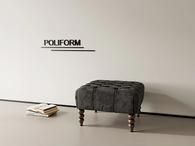 Gray Tufted Stool With Brass Legs And Stack Of Books Against Light Wall 3d model