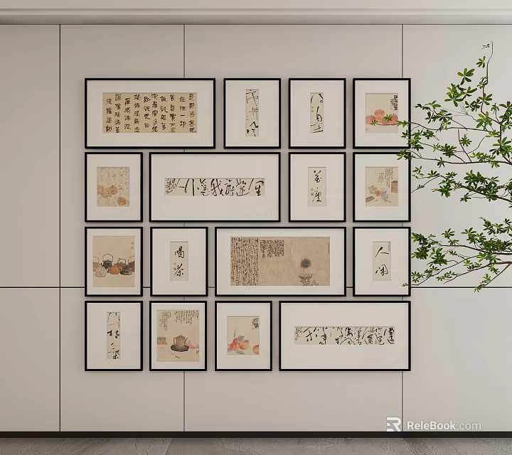 Multiple Framed Abstract Paintings on Wall with Grid Arrangement and Green Plant 3d model 