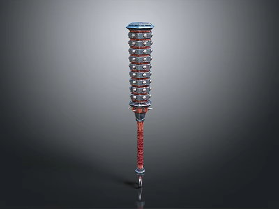 Tower Shaped Multi Layered Weapon With Blue Top Red Shaft And Silver Base 3d model