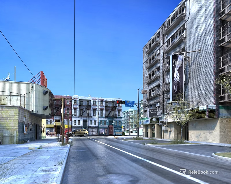 Urban Commercial Street With Multi Story Buildings Billboard And Vehicles Under Blue Sky 3d model 