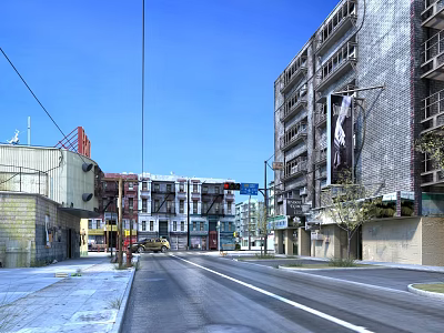 Urban Commercial Street With Multi Story Buildings Billboard And Vehicles Under Blue Sky 3d model