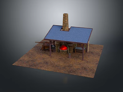 Rustic Hut With Blue Roof Chimney And Burning Fireplace Wooden Table Chairs On Dirt Ground 3d model