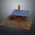 Rustic Hut With Blue Roof Chimney And Burning Fireplace Wooden Table Chairs On Dirt Ground