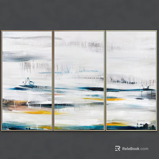 Modern Triptych Frames with Abstract Art in White Gray Blue Yellow Tones Wall Decor 3d model 