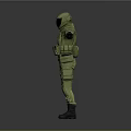 Man Wearing Green Protective Suit With Helmet And Gear Arms Outstretched