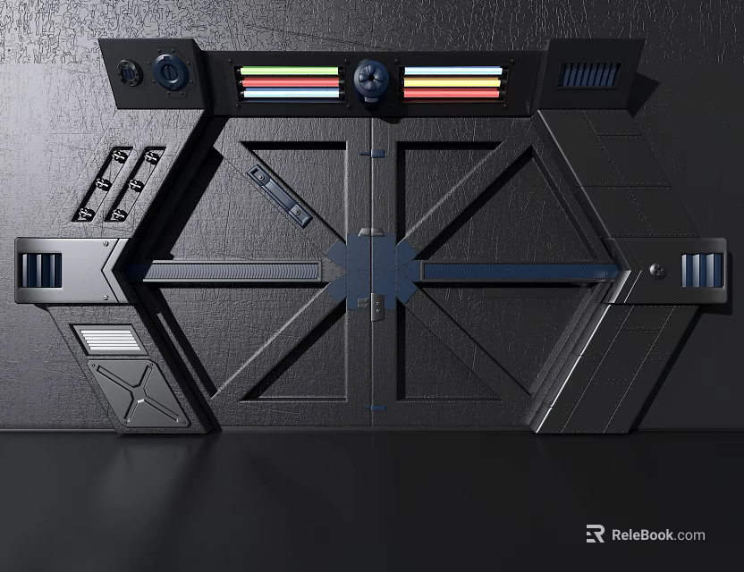 Futuristic Industrial Metal Door With Geometric Structure And Control Panel 3d model 