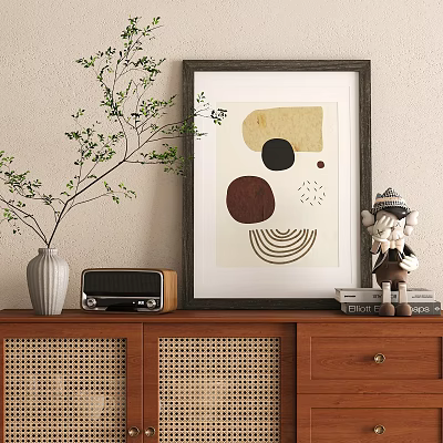 Geometric Abstract Art Frame On Wall With Wooden Cabinet Green Plant And Vintage Radio 3d model