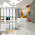 Modern Front Desk Reception Area With Orange Geometric Walls Glass Doors Elevators And Polished Floor