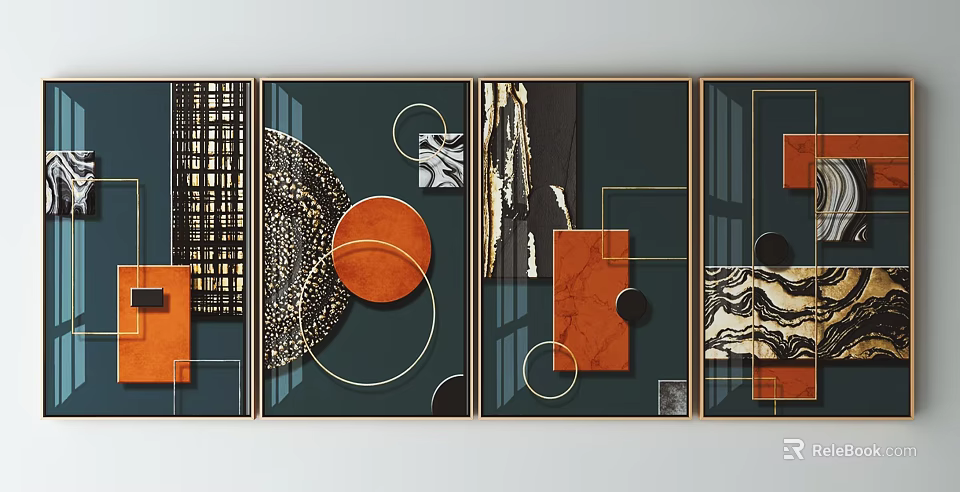 Modern Abstract Panel Wall Art With Dark Green Background And Orange Geometric Elements 3d model 