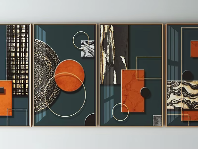 Modern Abstract Panel Wall Art With Dark Green Background And Orange Geometric Elements 3d model