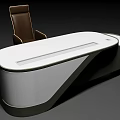 Modern Office Desk With Curved White Top Dark Base And Brown Leather Chair