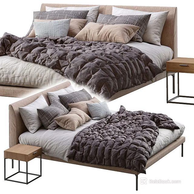 Cozy Double Bed With Plush Gray Bedding Multiple Pillows And Wooden Nightstand 3d model 