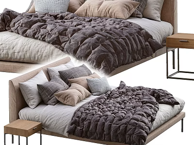 Cozy Double Bed With Plush Gray Bedding Multiple Pillows And Wooden Nightstand 3d model