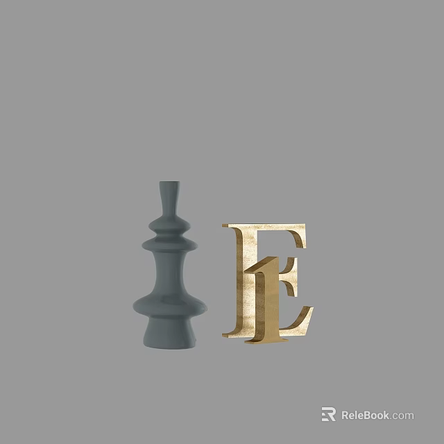 Decorative Ornament Set with Gray Tower Figurine and Golden Letter E for Modern Home Decoration 3d model 