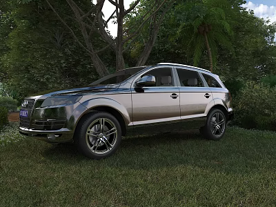 Silver SUV Vehicle Parked In Outdoor Grass Area With Trees 3d model