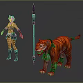 Female Warrior In Leather Armor With Fierce Tiger Standing Near Spear On Dark Background
