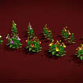 Cartoon Scene Of Colorful Flowers With Red Yellow Petals And Green Leaves On Red Background