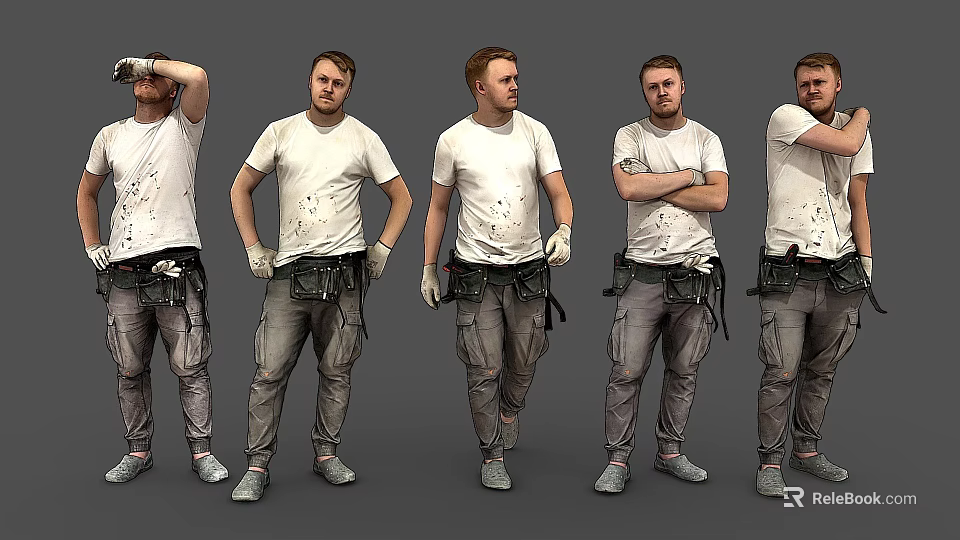 Men in White T-Shirts Grey Work Pants With Black Tool Belts White Gloves Various Poses 3d model 