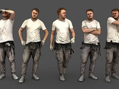 Men in White T-Shirts Grey Work Pants With Black Tool Belts White Gloves Various Poses 3d model