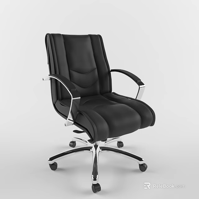 Black Leather Office Chair With Ergonomic Armrests Metal Base Swivel Casters 3d model 