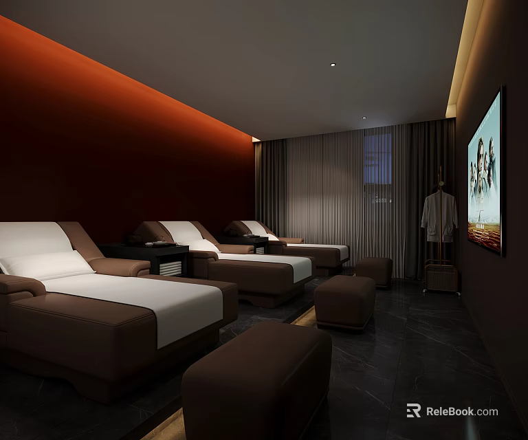 SPA Sauna Room Interior With Comfortable Loungers White Cushions Wall Art And Dark Flooring 3d model 