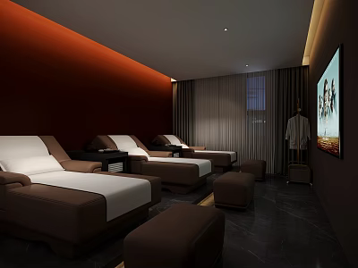 SPA Sauna Room Interior With Comfortable Loungers White Cushions Wall Art And Dark Flooring 3d model