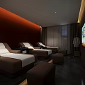 SPA Sauna Room Interior With Comfortable Loungers White Cushions Wall Art And Dark Flooring