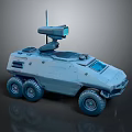 Six Wheeled Utility Vehicle With Sturdy Gray Body And Roof Mounted Sensor Unit