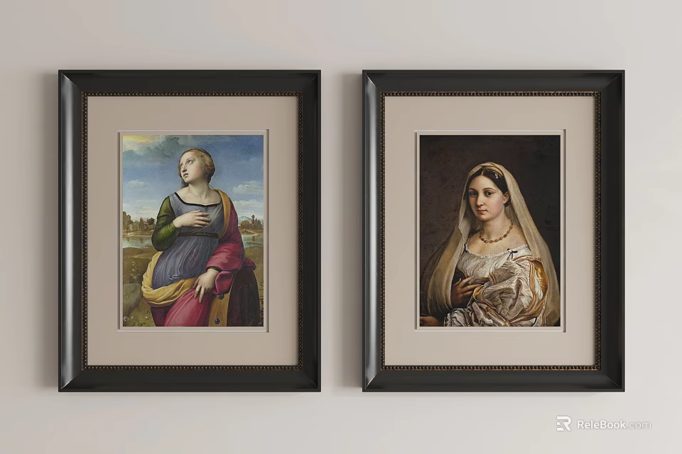 Two Framed Portrait Paintings Of Female Figures With Landscape And Ornate Clothing 3d model 