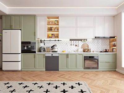 Modern Kitchen Interior With Green Cabinets White Upper Cabinets Appliances Wooden Flooring And Rug 3d model