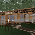 Wooden Guesthouse Building With Terrace Lawn And Surrounded By Trees