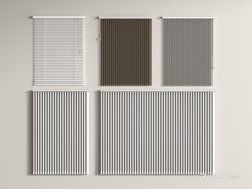 Different Types of Curtains and Blinds in White Dark Brown Gray and Striped Patterns 3d model 