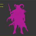 Fantasy Character With Large Curved Horns Ornamental Tattered Cloak Holding Long Spear Dark Armor Design